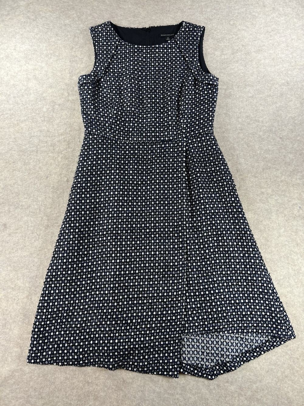 Banana Republic Asymmetrical Faux-Wrap Tweed Midi Dress Size 10 Black Blue